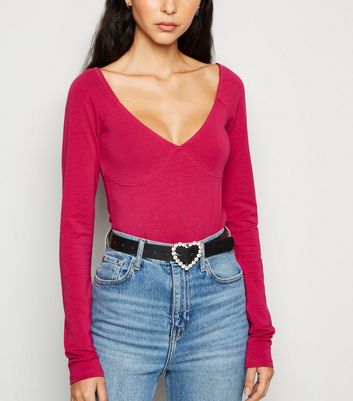 Pink Color Block Bodysuit - Ribbed Knit Top - Scoop Neck Bodysuit