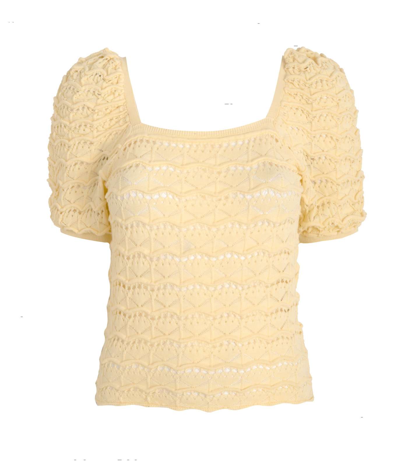 Pale Yellow Pointelle Square Neck Puff Sleeve Top