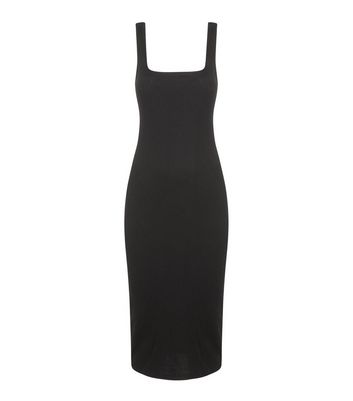 Black Ribbed Square Neck Bodycon Midi Dress 