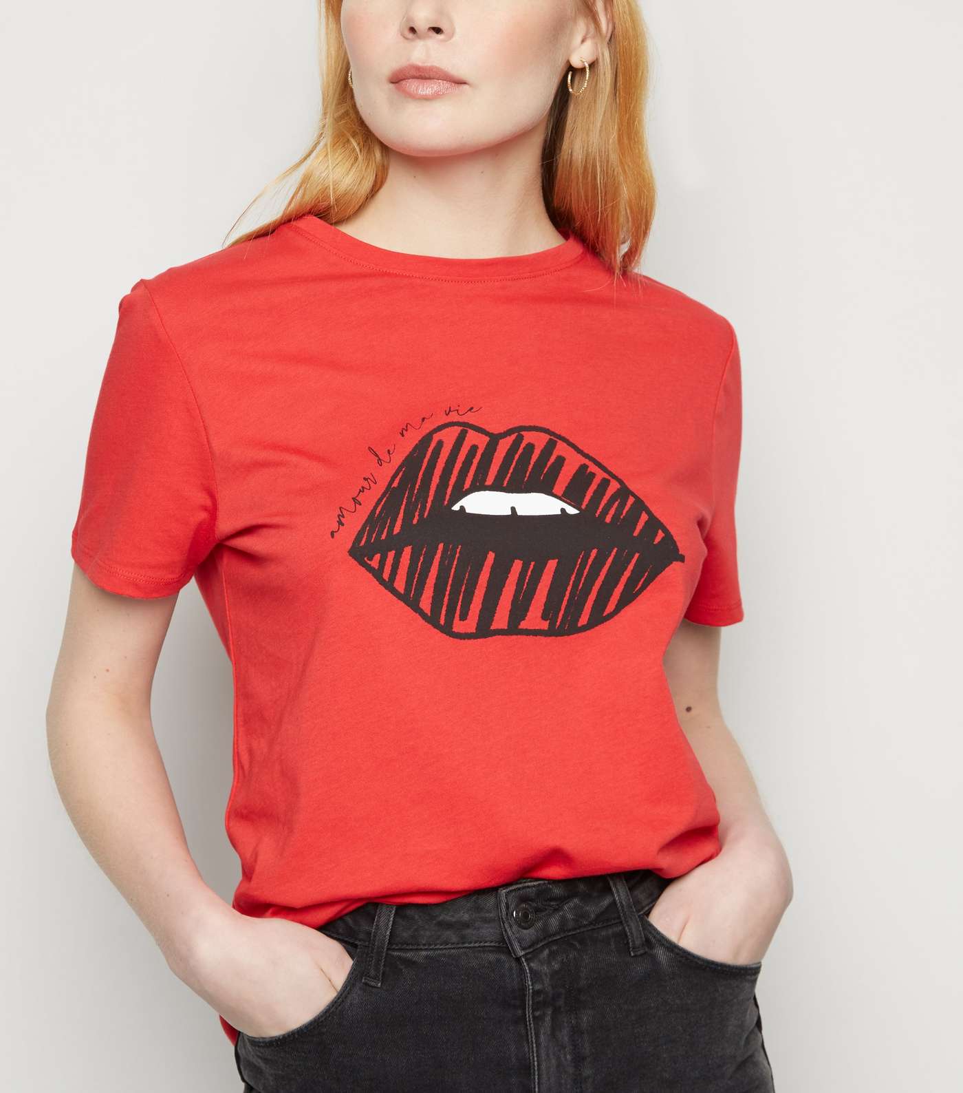 Red Lips Sketch Print Slogan T-Shirt