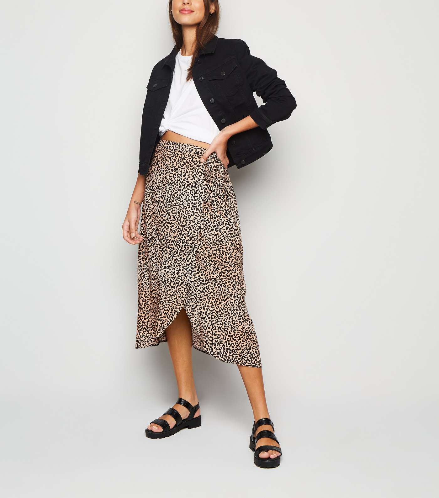 Brown Leopard Print High Waist Wrap Midi Skirt