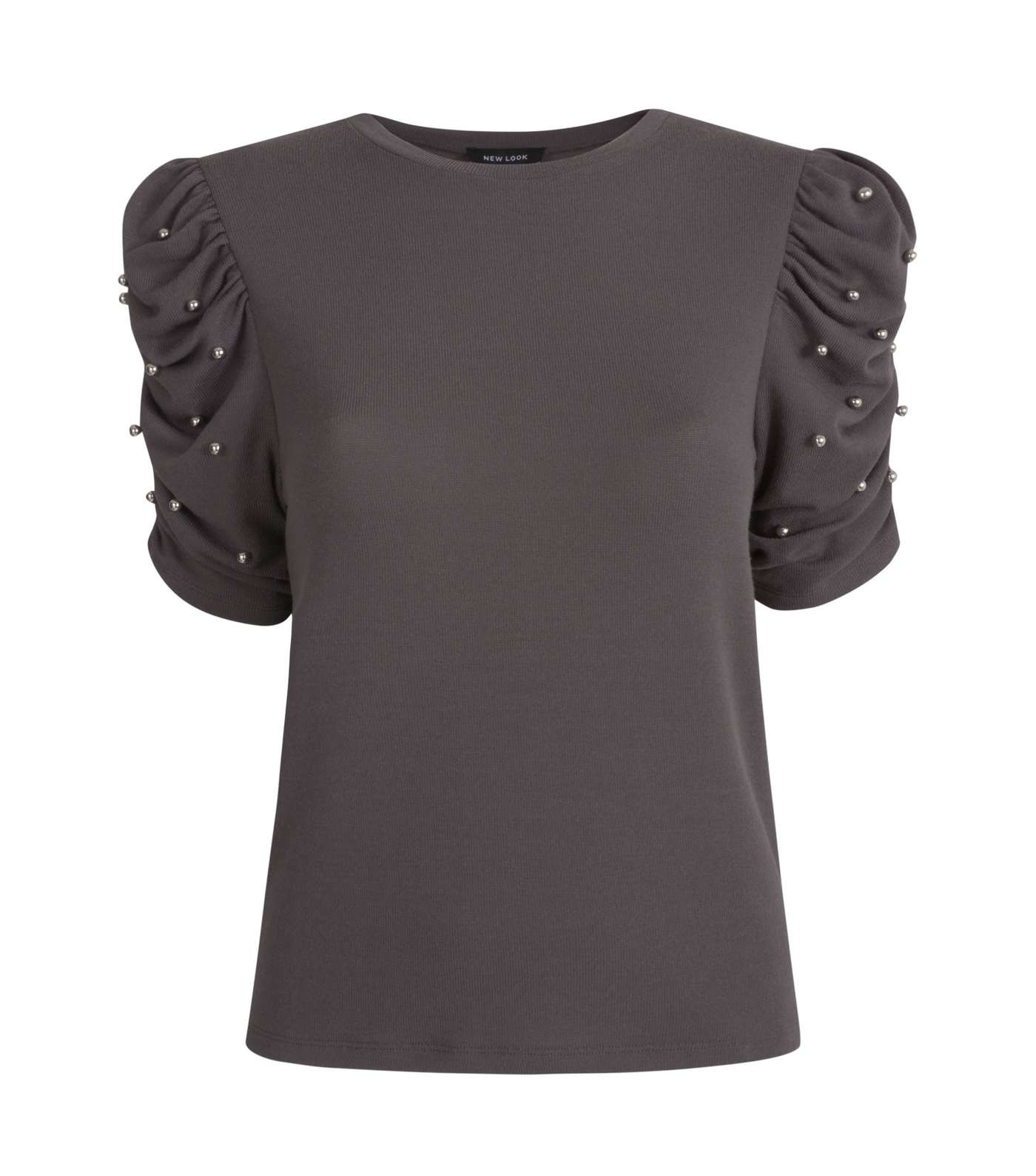 Grey Fine Knit Ruched Sleeve Top
