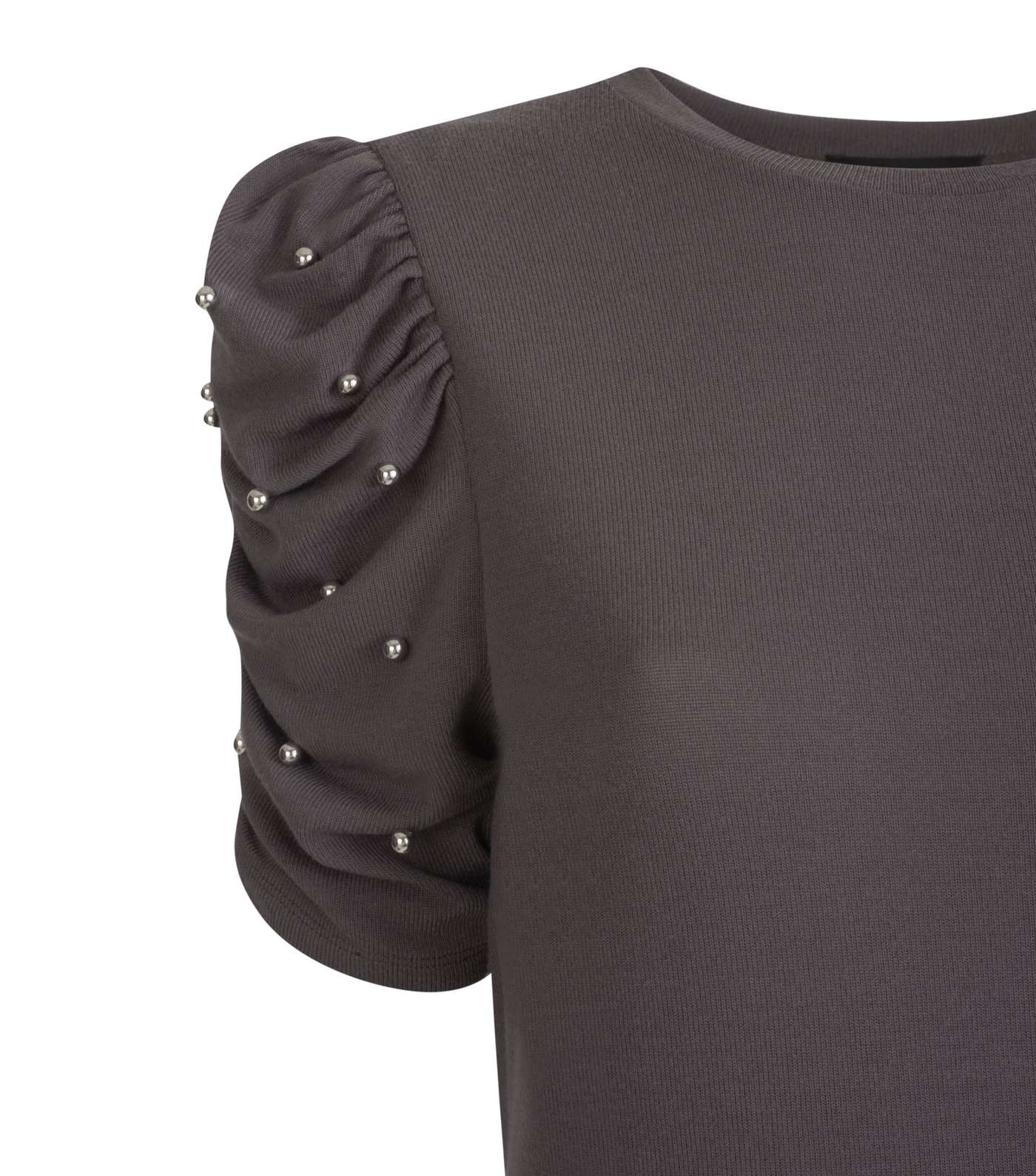 Grey Fine Knit Ruched Sleeve Top Image 3