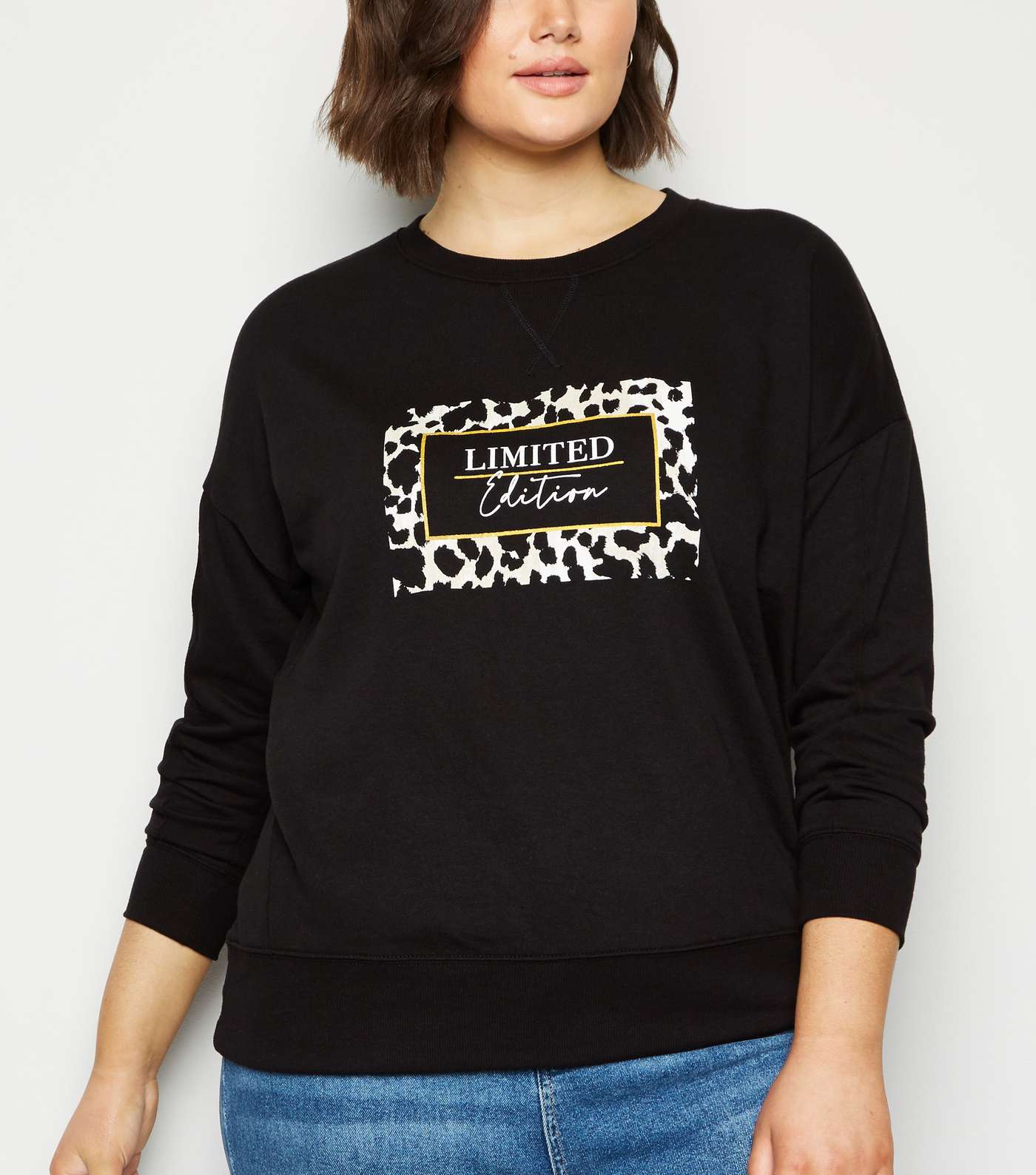Curves Black Leopard Print Metallic Slogan Sweatshirt