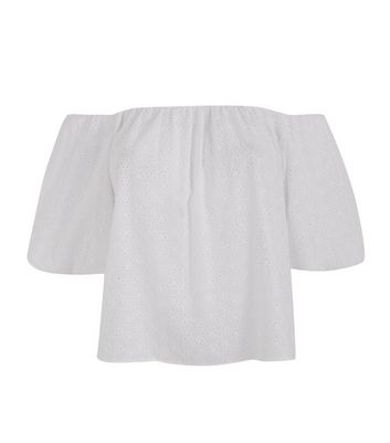 Off White Broderie Puff Sleeve Bardot Top | New Look