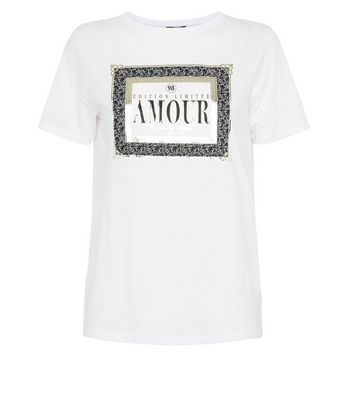 White Metallic Lace Print Box Slogan T-Shirt | New Look