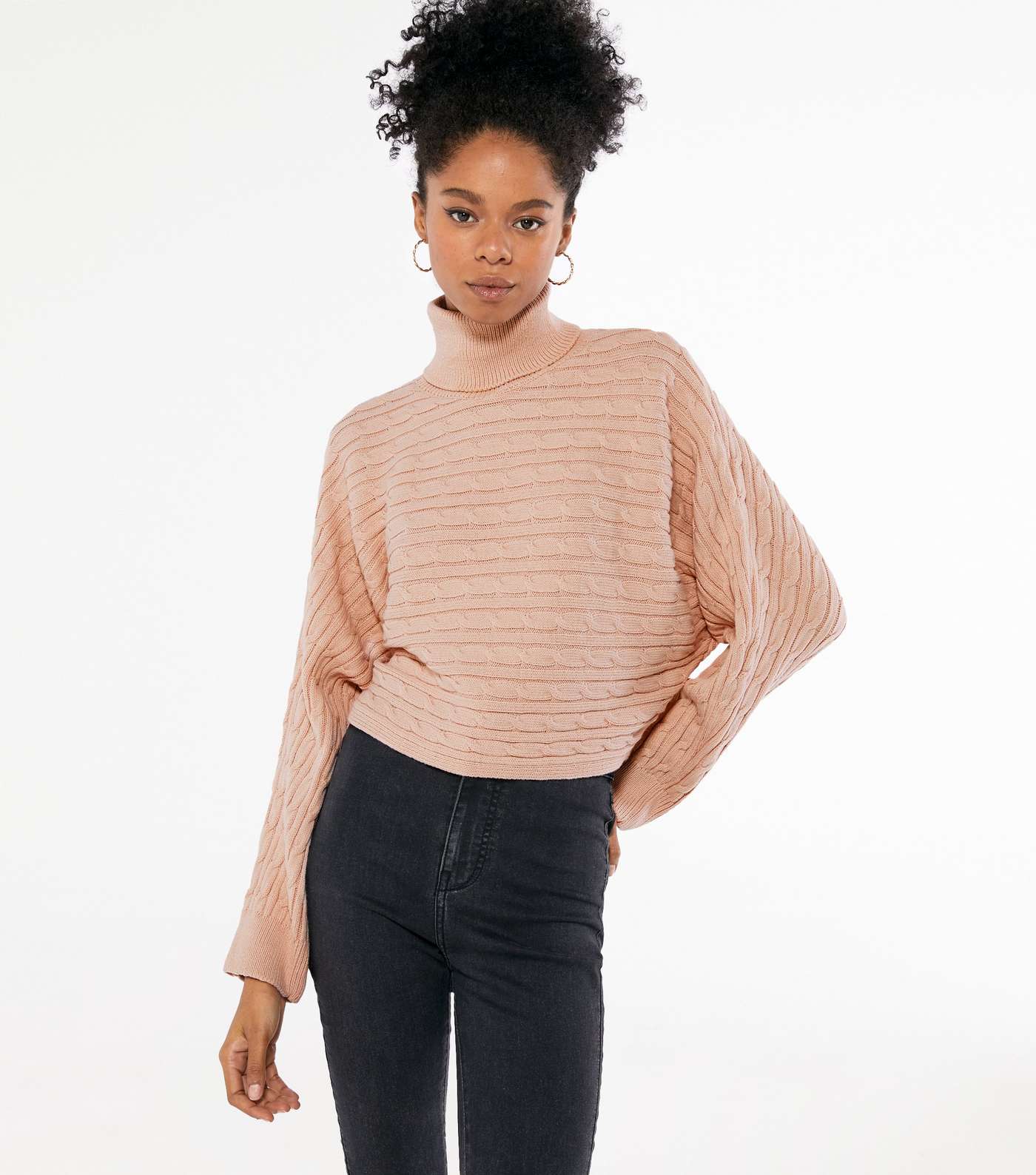 Pale Pink Cable Knit Roll Neck Jumper 