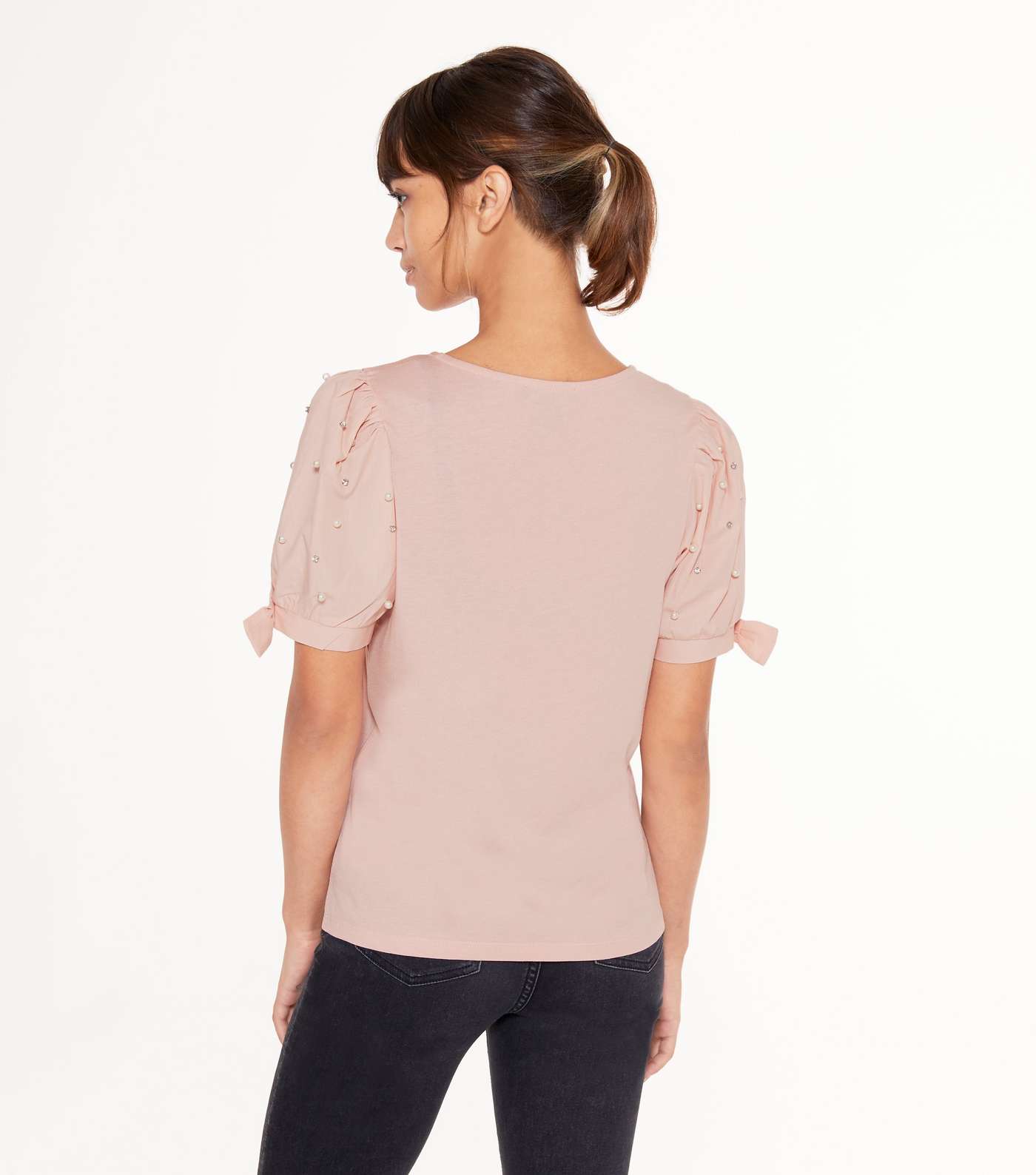 Pink Faux Pearl Poplin Sleeve T-Shirt Image 3