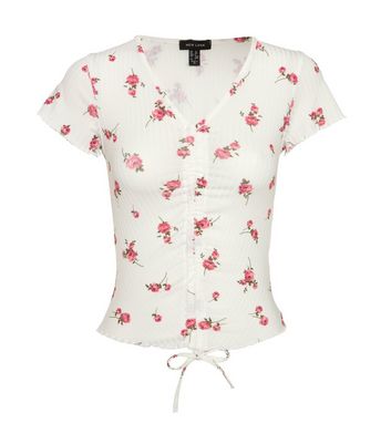 White Ribbed Rose Ruched Tie Front Top | New Look