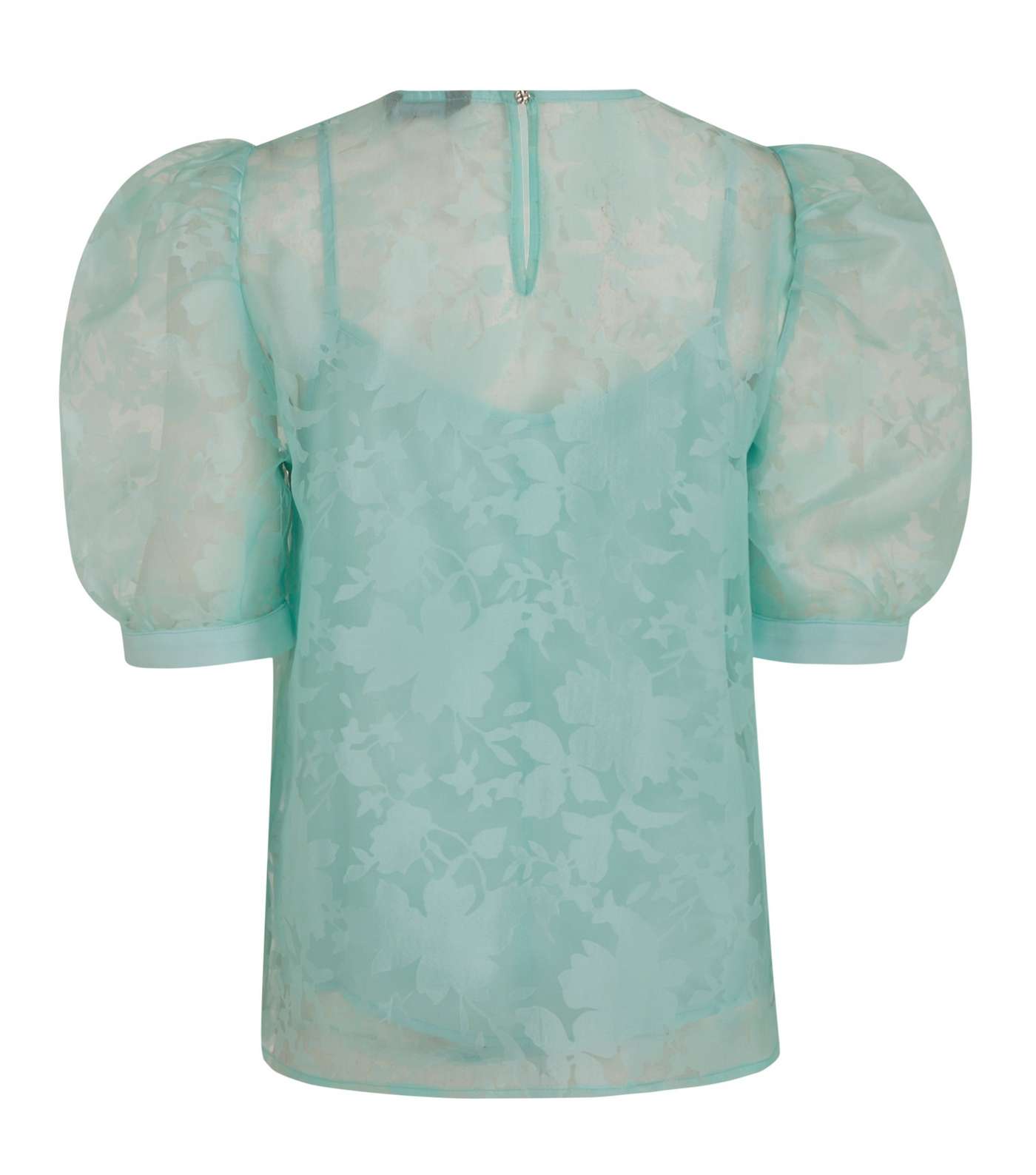 Mint Green Floral Organza Puff Sleeve Top Image 2