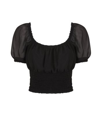 Black Shirred Puff Sleeve Top | New Look