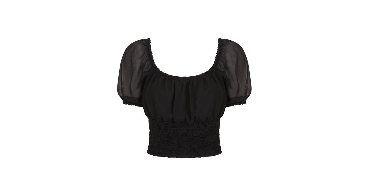 Black Shirred Puff Sleeve Top | New Look