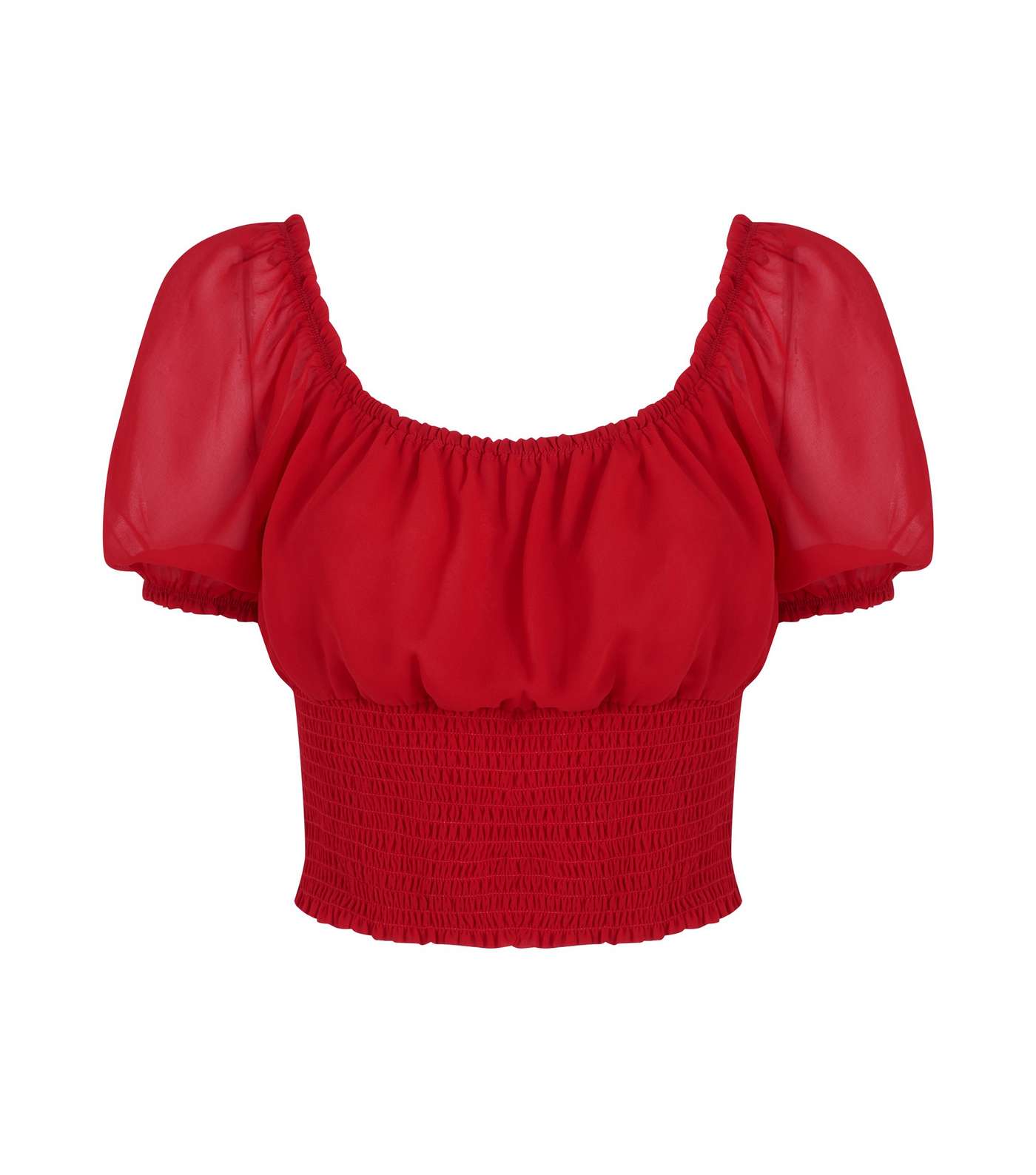 Red Shirred Puff Sleeve Top