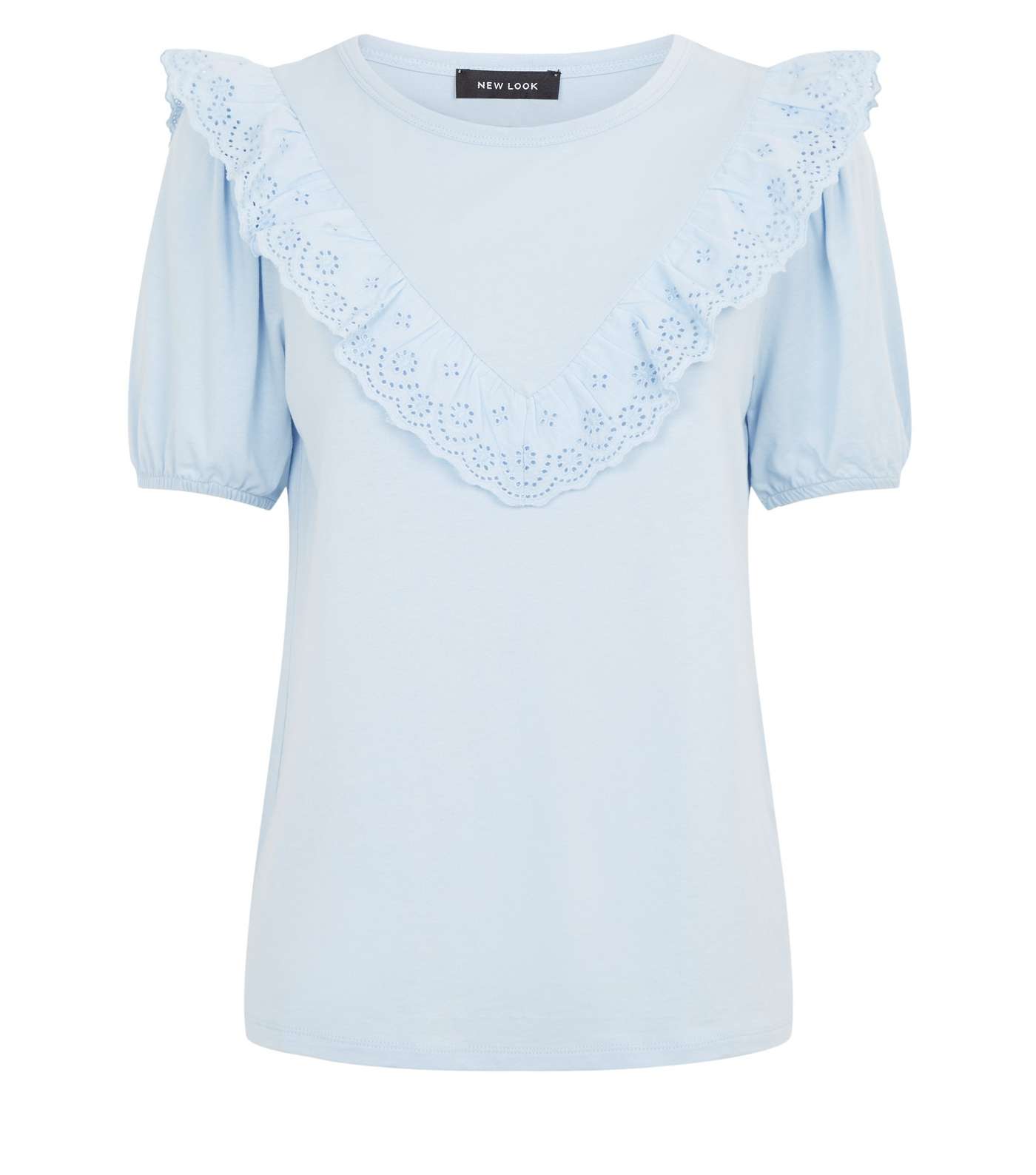 Pale Blue Broderie Frill Puff Sleeve Top