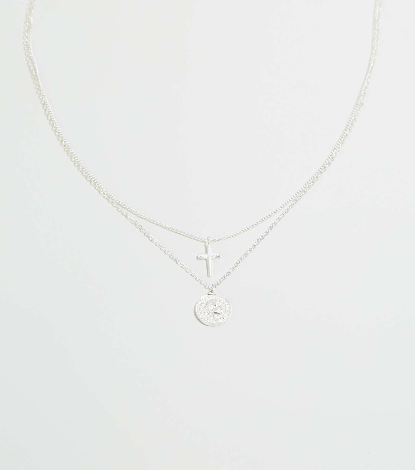 Silver Coin and Cross Layered Necklace