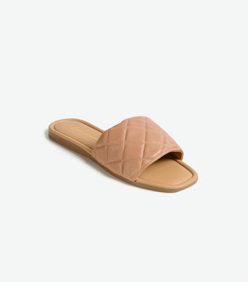 Image of Cream Leather Quilted Sliders New Look