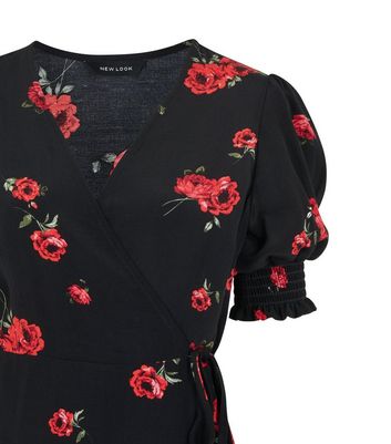 Image of Black Rose Puff Sleeve Wrap Mini Dress New Look