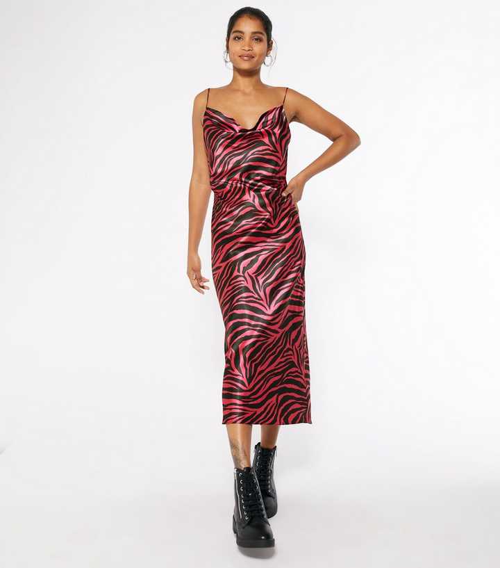 Pink Zebra Cowl Neck Satin Midi Slip Dress | New Look