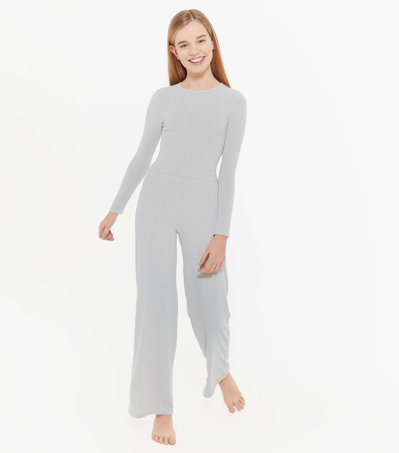 Girls Pale Grey Ribbed Trousers Pyjama Set