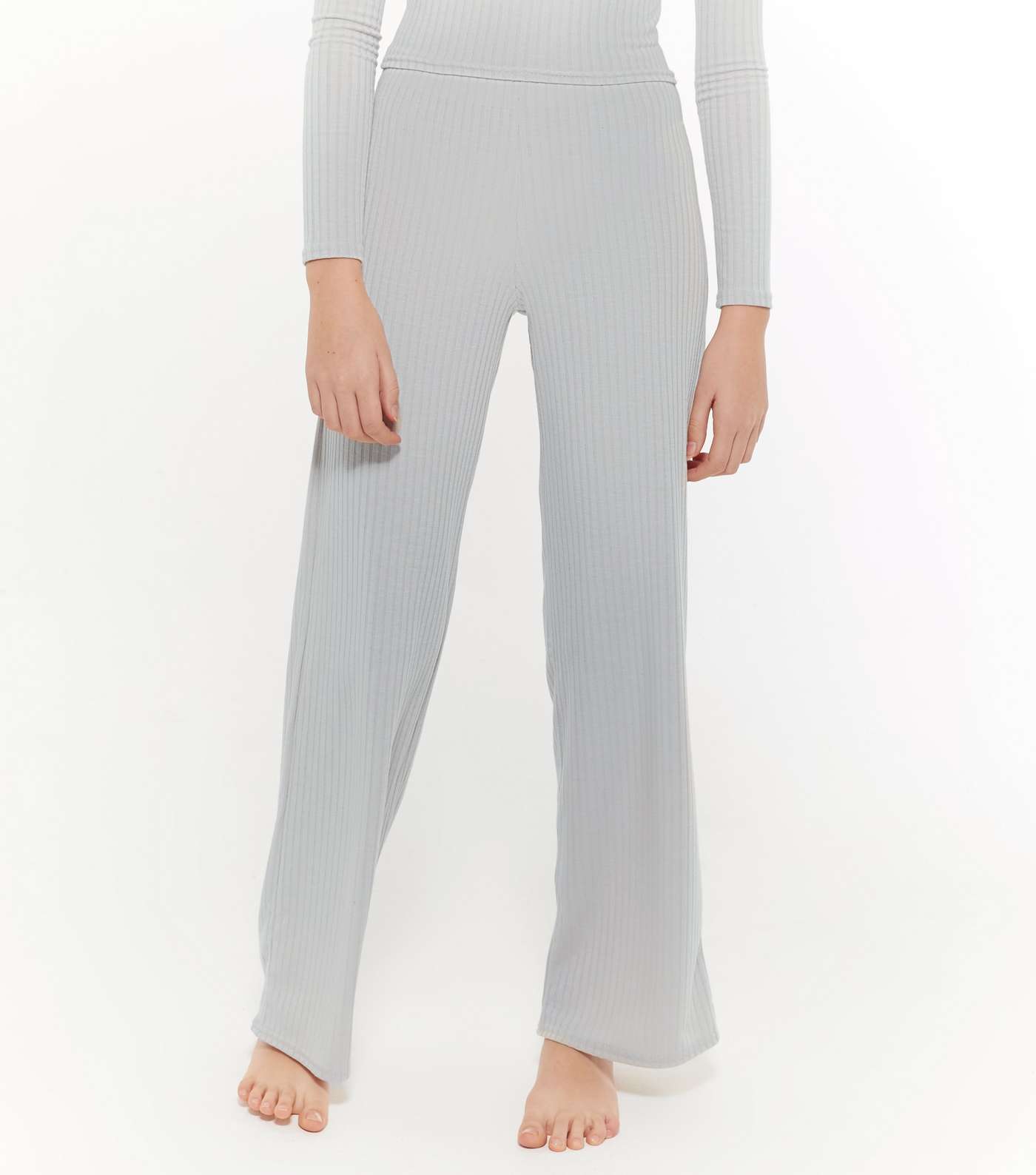 Girls Pale Grey Ribbed Trousers Pyjama Set Image 3