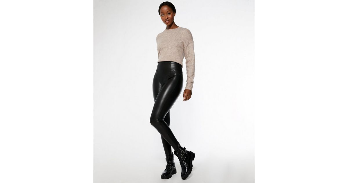 New Look Petite faux leather moto leggings in black - ShopStyle