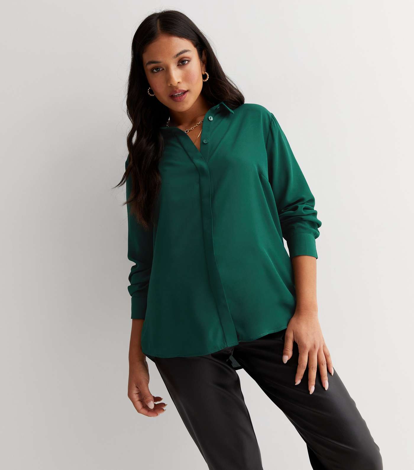 Petite Dark Green Long Sleeve Shirt Image 3