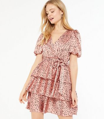 Pink Satin Spot Puff Sleeve Tiered Dress | New Look