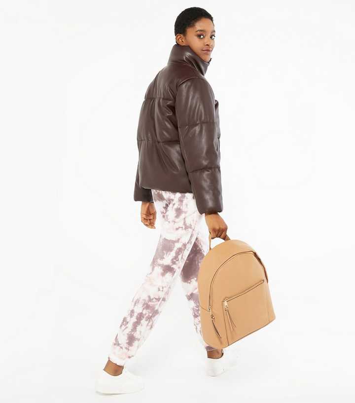 Camel Leather-Look Zip Backpack