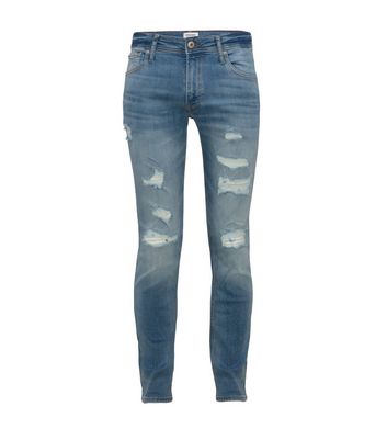 Image of Jack & Jones Blue Ripped Skinny Jeans New Look