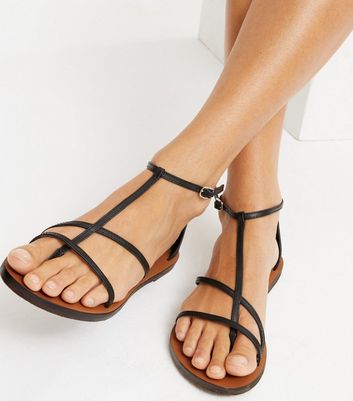 Black Leather Strappy Flat Sandals New Look