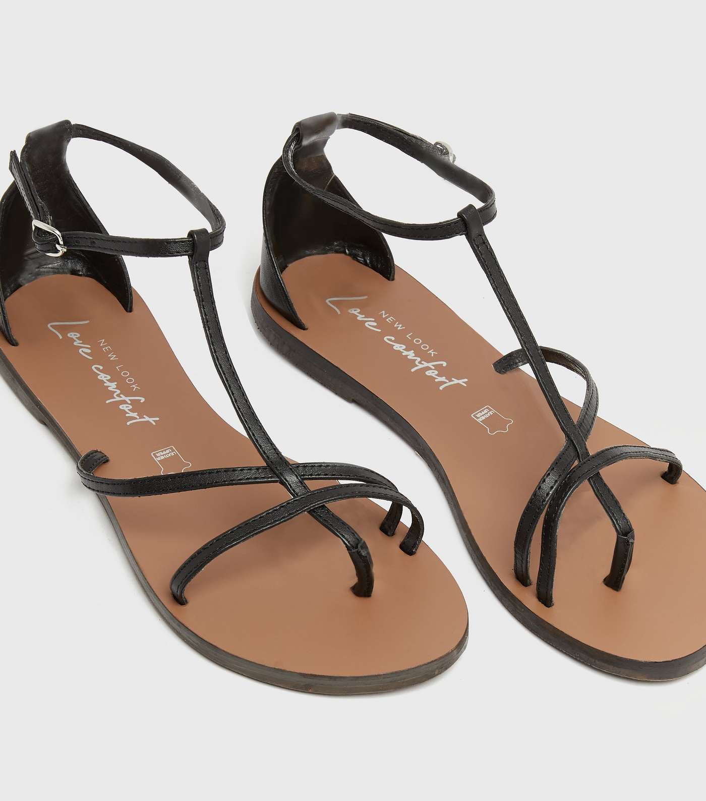 Black Leather Strappy Flat Sandals Image 3