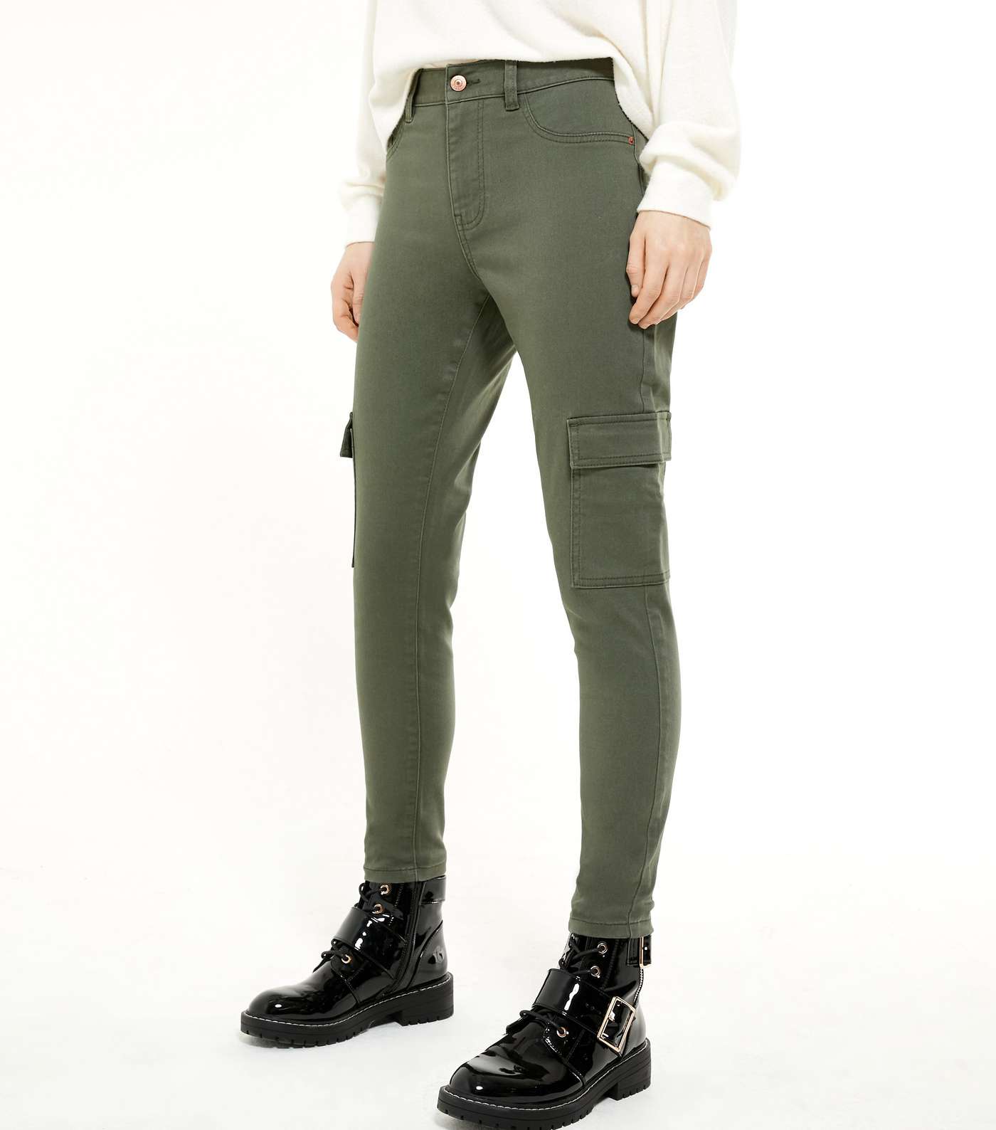 Khaki Denim High Waist Super Skinny Cargo Trousers  Image 2