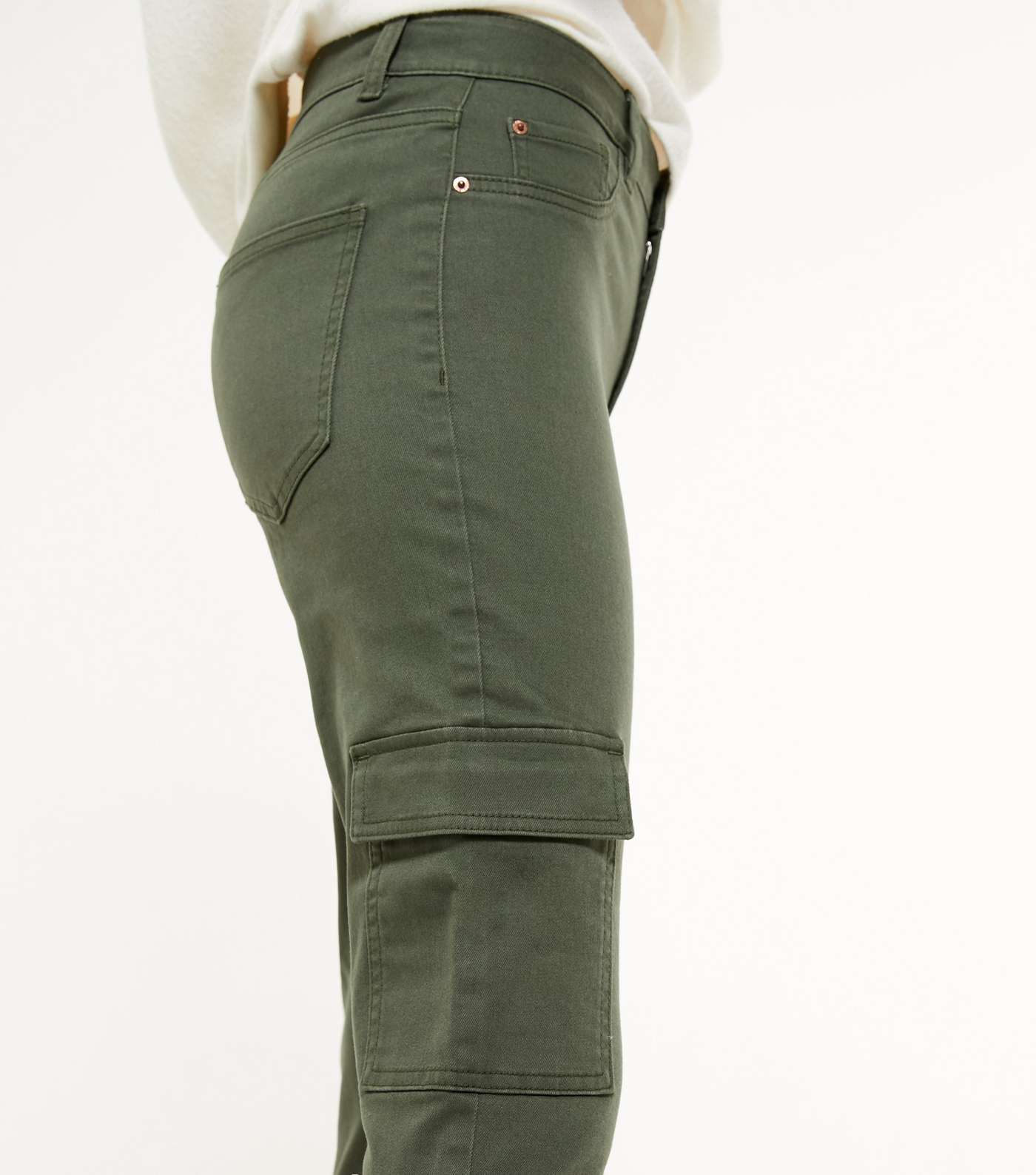 Khaki Denim High Waist Super Skinny Cargo Trousers  Image 4