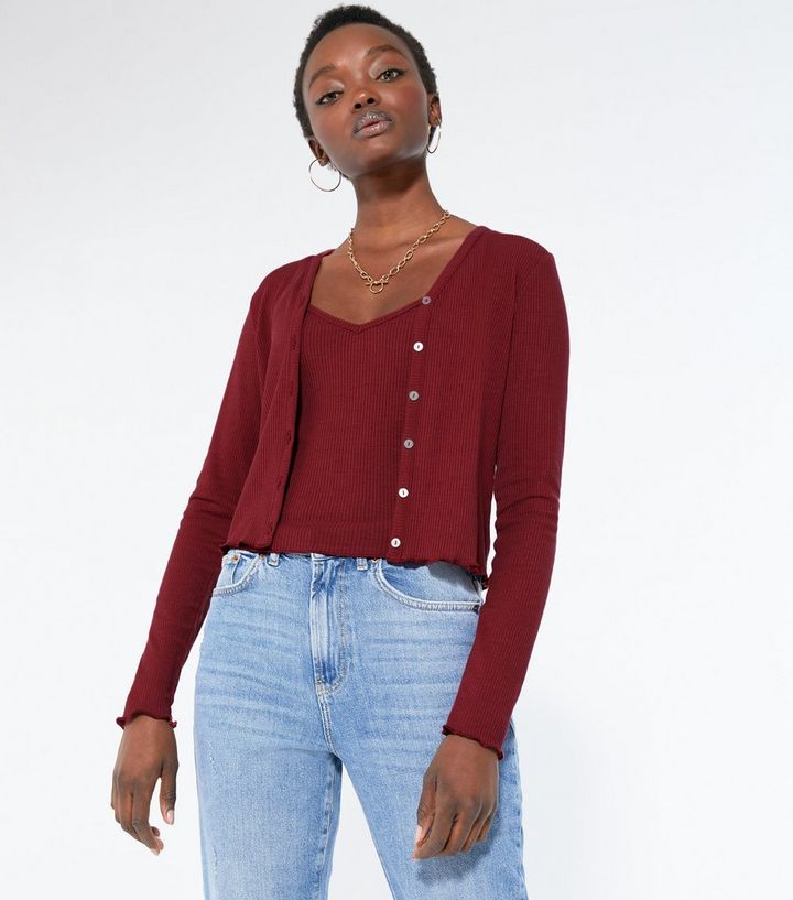 Dark Red Ribbed Cardigan And Cami Set New Look