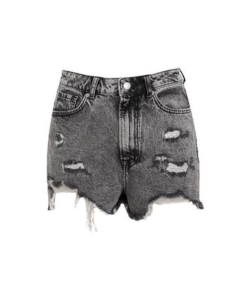 Dark Grey Acid Wash Ripped Mom Shorts 