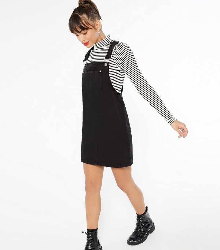 Black Denim Pocket Front Pinafore Dress