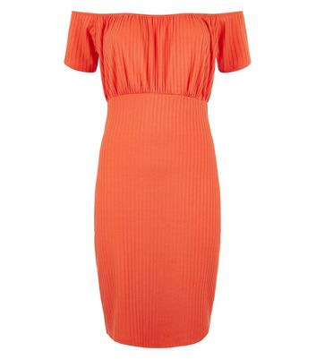 Image of Apricot Bright Orange Ribbed Bardot Dress New Look
