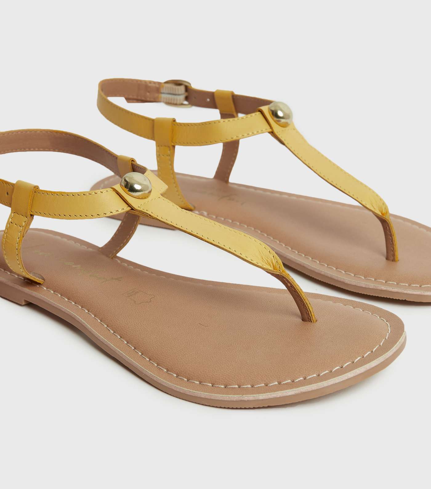 Wide Fit Mustard Leather Studded Flat Sandals Image 3