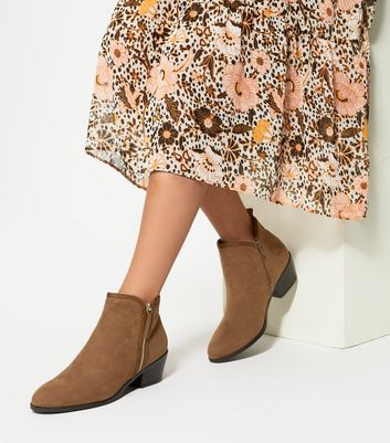 Image of Tan Suedette Zip Western Heeled Boots New Look Vegan