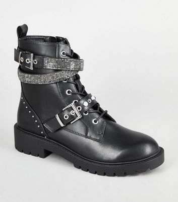 Image of Black Diamanté Strap Chunky Biker Boots New Look Vegan