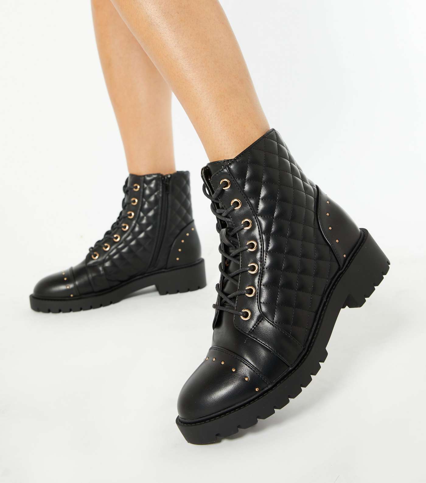 Black Quilted Stud Lace Up Boots