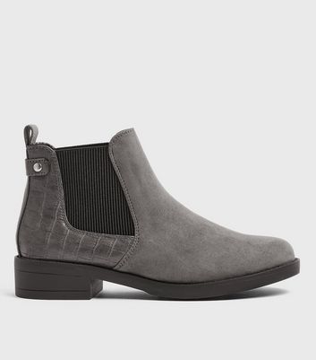 Image of Grey Suedette Faux Croc Panel Chelsea Boots New Look