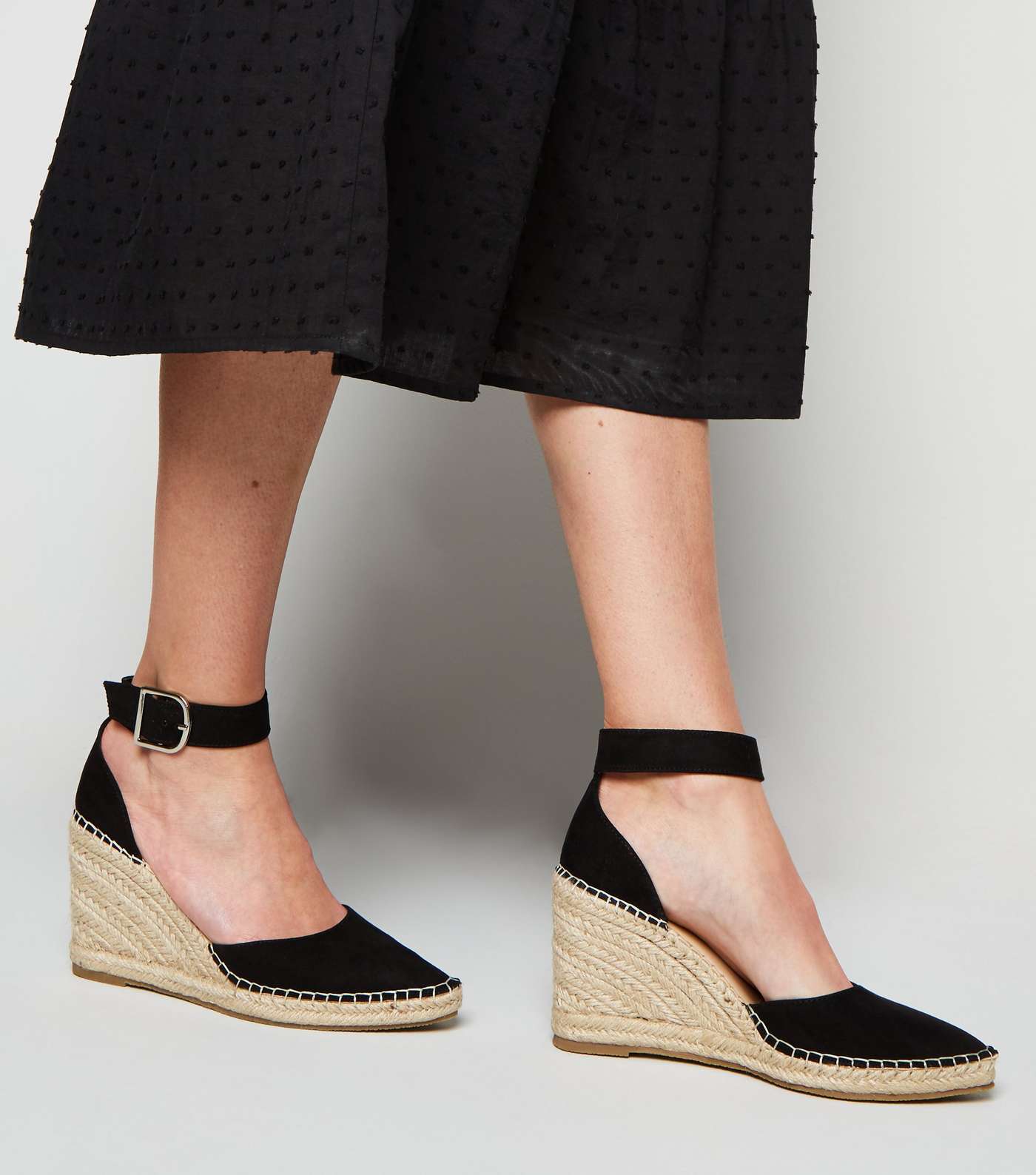 Black Leather-Look Espadrille Wedge Court Shoes Image 2