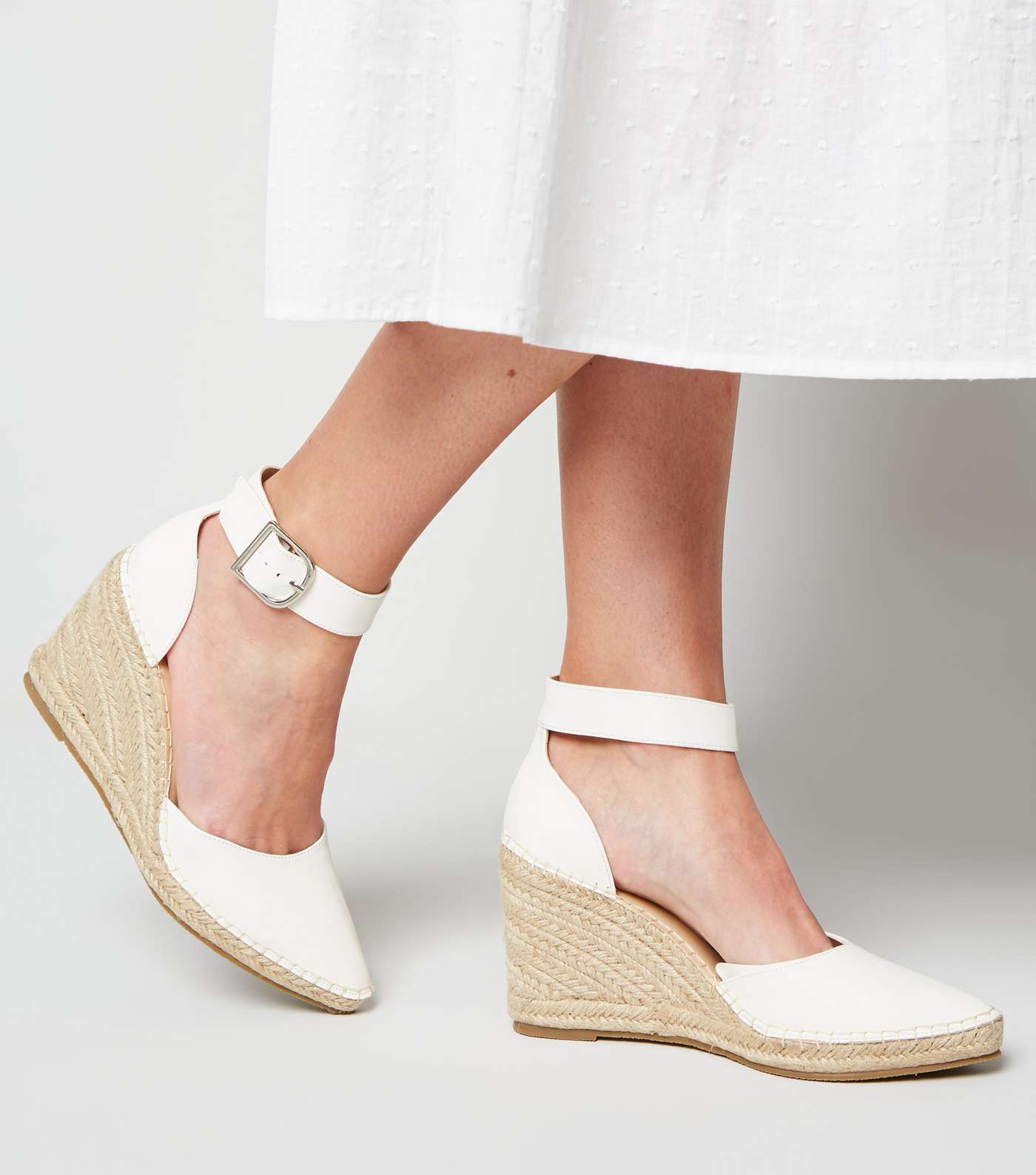 White Leather-Look Espadrille Wedge Court Shoes Image 2