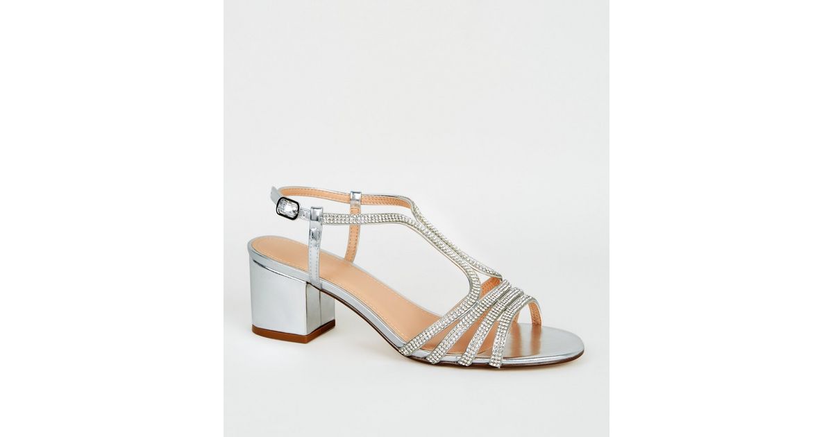 Silver Metallic Diamanté Strappy Block Heels | New Look