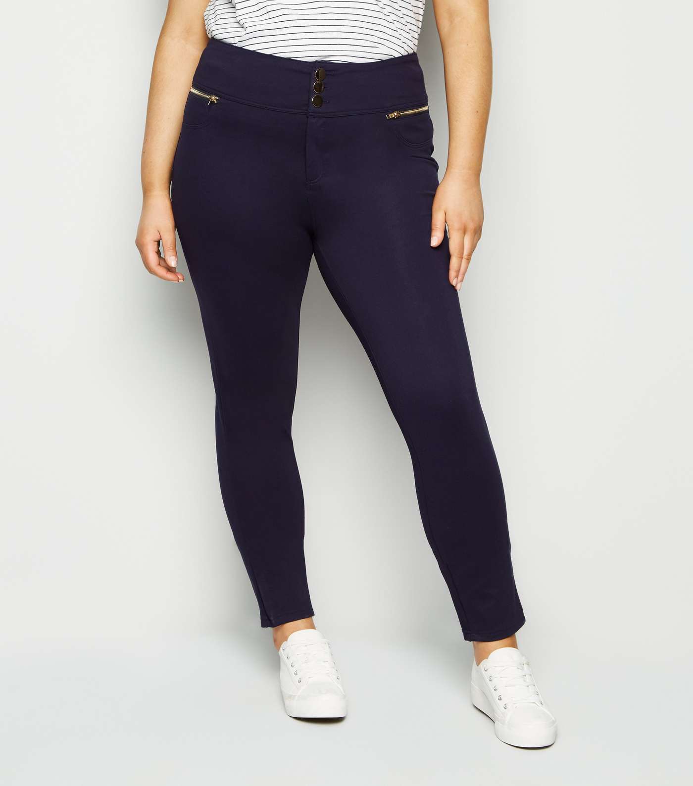 Apricot Curves Navy Button Front Slim Trousers Image 2