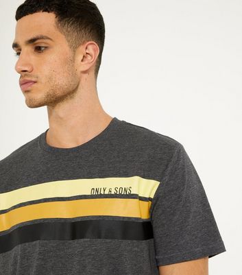 Only & Sons Dark Grey Stripe Logo T-Shirt | New Look