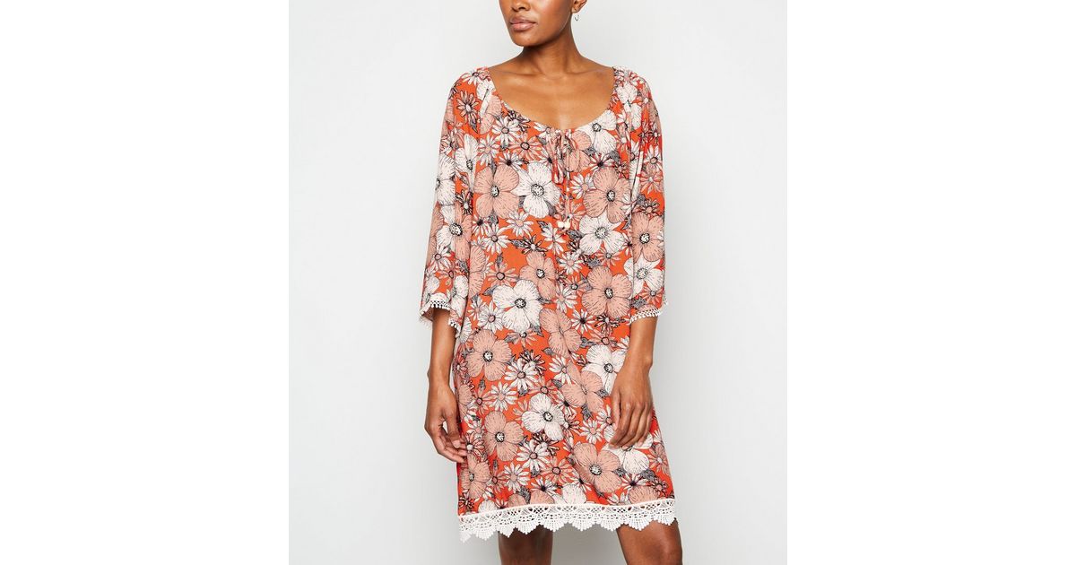 Apricot Orange Floral Crochet Trim Mini Dress | New Look