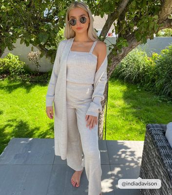 Image of Cream Ribbed Knit Wide Leg Trousers New Look