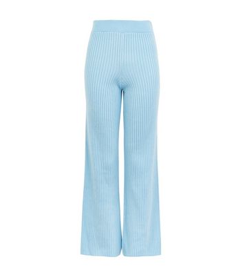 Pale Blue Ribbed Knit Wide Leg Trousers 